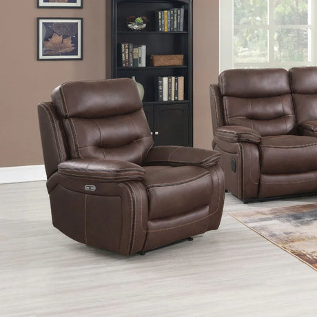 Brown leather recliner chair with contrast stitching in modern living room setting