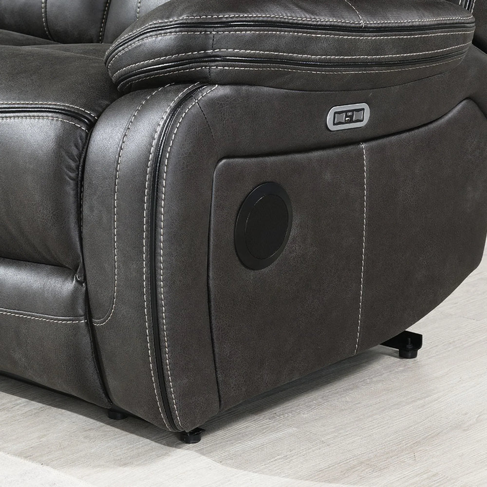 Grey tech recliner sofa armrest with USB port and contrast stitching detail
