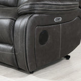 Grey tech recliner sofa armrest with USB port and contrast stitching detail