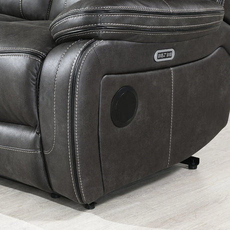 Grey tech recliner sofa armrest with USB port and contrast stitching detail
