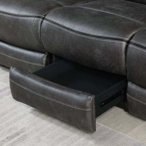 Grey recliner sofa with open storage drawer and contrast stitching detail on upholstery
