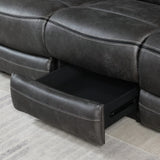Grey recliner sofa with open storage drawer and contrast stitching detail on upholstery