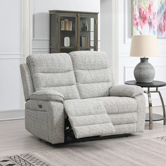 Stone fabric 2 seater loveseat with recliner in modern living room setting