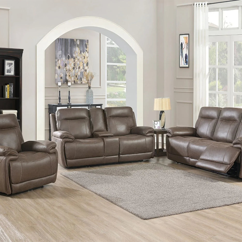 Brown leather recliner chair with padded armrests and stitching in modern living room
