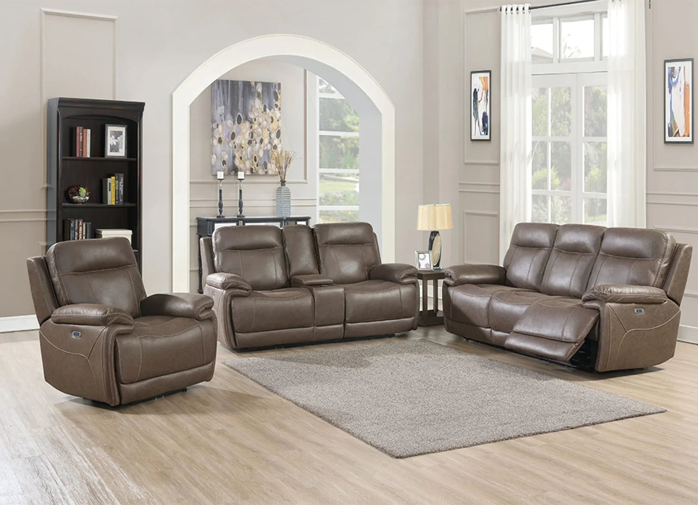 Brown leather recliner chair with padded armrests and stitching in modern living room