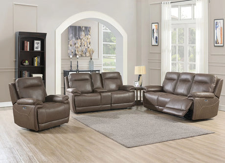 Brown leather recliner chair with padded armrests and stitching in modern living room