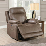 Brown leather recliner chair with extended footrest in living room setting