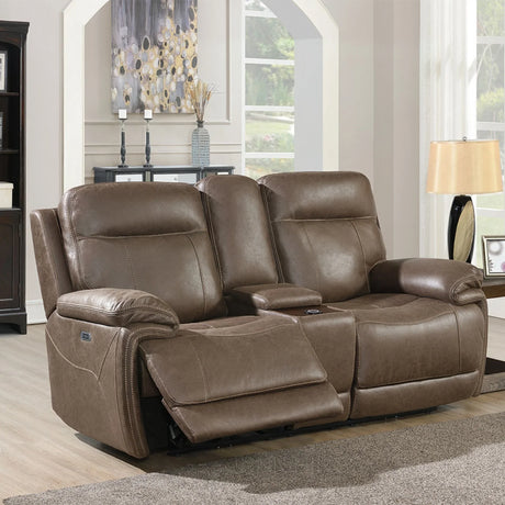 Brown leather loveseat sofa with recliner and built-in console wireless charger in living room