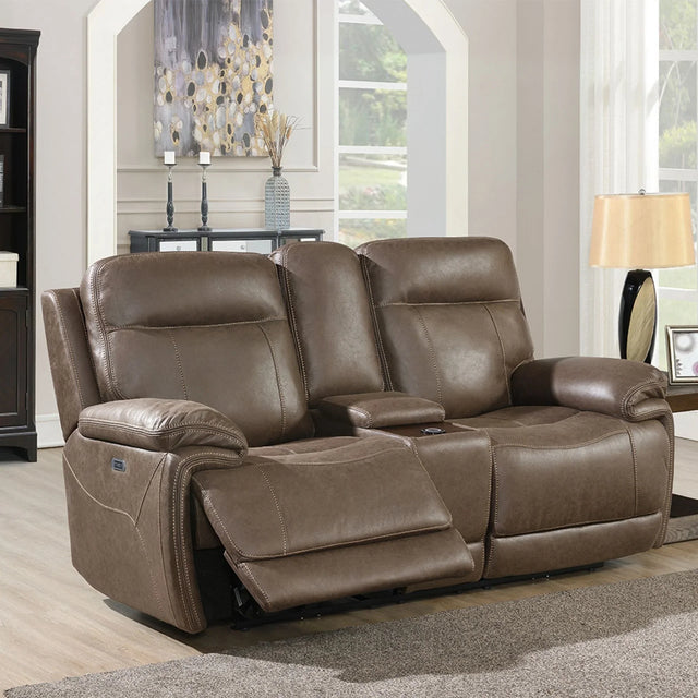 Brown leather loveseat sofa with recliner and built-in console wireless charger in living room