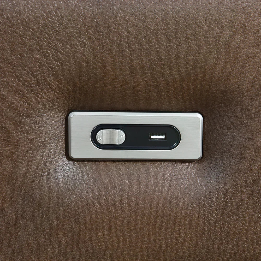 Closeup of brown leather recliner chair control panel with USB port