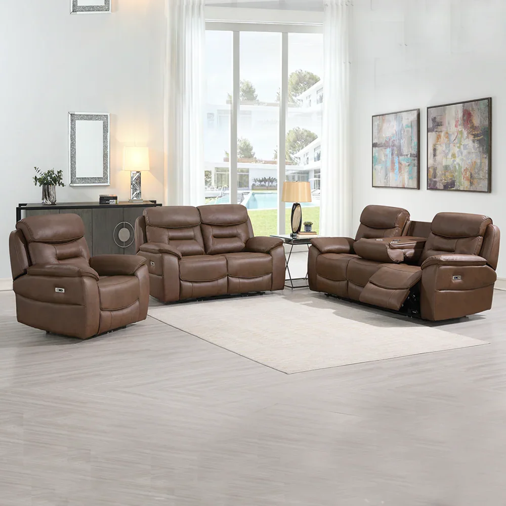 Chestnut brown recliner sofa set with cup holders in modern living room