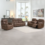 Chestnut brown recliner sofa set with cup holders in modern living room