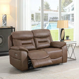 Chestnut brown leather recliner sofa with plush cushions in bright living room setting