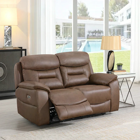 Chestnut brown leather recliner sofa with plush cushions in bright living room setting