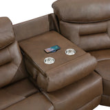 Chestnut corner sofa with cup holders and wireless charging pad in armrest