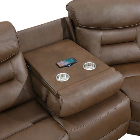 Chestnut corner sofa with cup holders and wireless charging pad in armrest