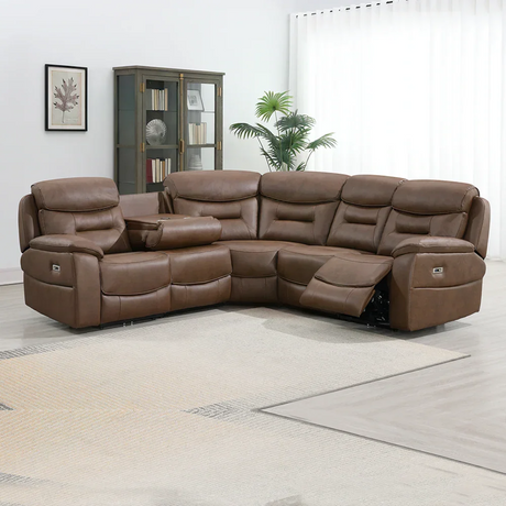 Chestnut leather corner sofa with recliner and cup holder in modern living room