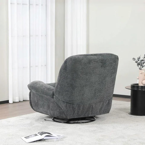 Dark grey reclining chair with soft upholstery and swivel base on light rug