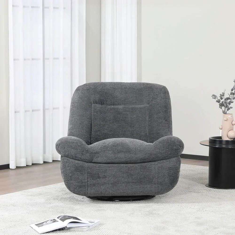 Dark grey reclining chair with cushion on light rug in modern living room