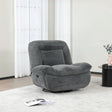 Dark grey reclining chair upholstered in fabric, placed on light rug near side table