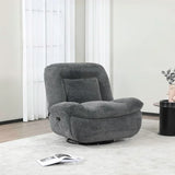 Dark grey reclining chair upholstered in fabric, placed on light rug near side table