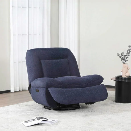 Indigo fabric reclining chair with swivel base in modern living room setting