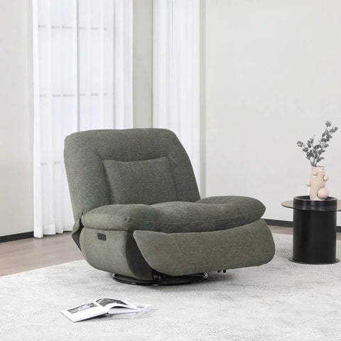 Green fabric reclining chair in modern living room with side table and neutral decor