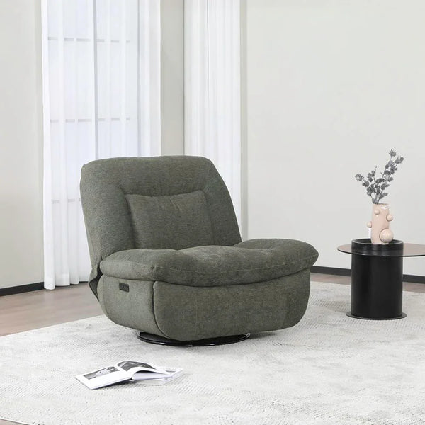 Green reclining chair with soft upholstery in modern living room setting on light rug
