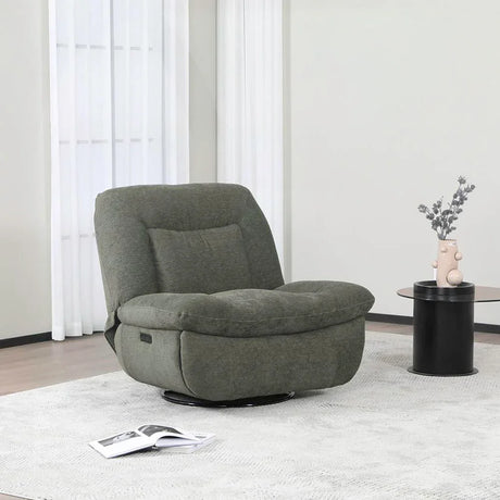 Green reclining chair with soft upholstery in modern living room setting on light rug