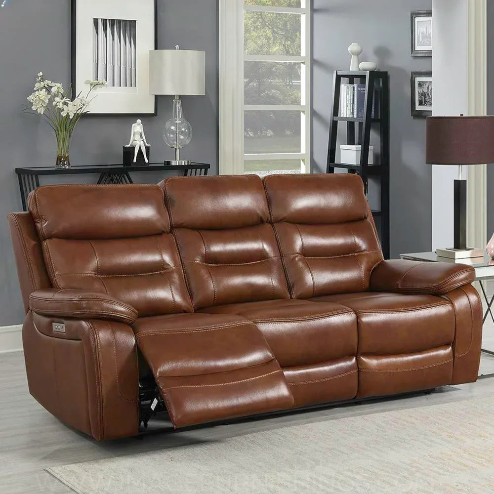 Brown leather reclining sofa with padded seats in modern living room setting