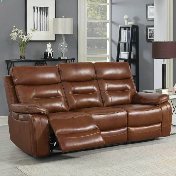 Brown leather reclining sofa with padded seats in modern living room setting