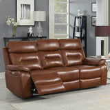 Brown leather reclining sofa with padded seats in modern living room setting