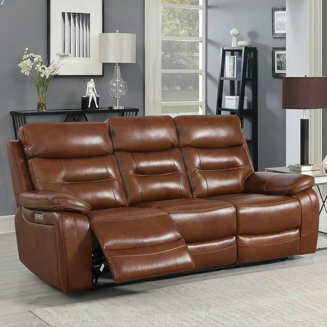 Brown leather reclining sofa with padded seats in modern living room setting
