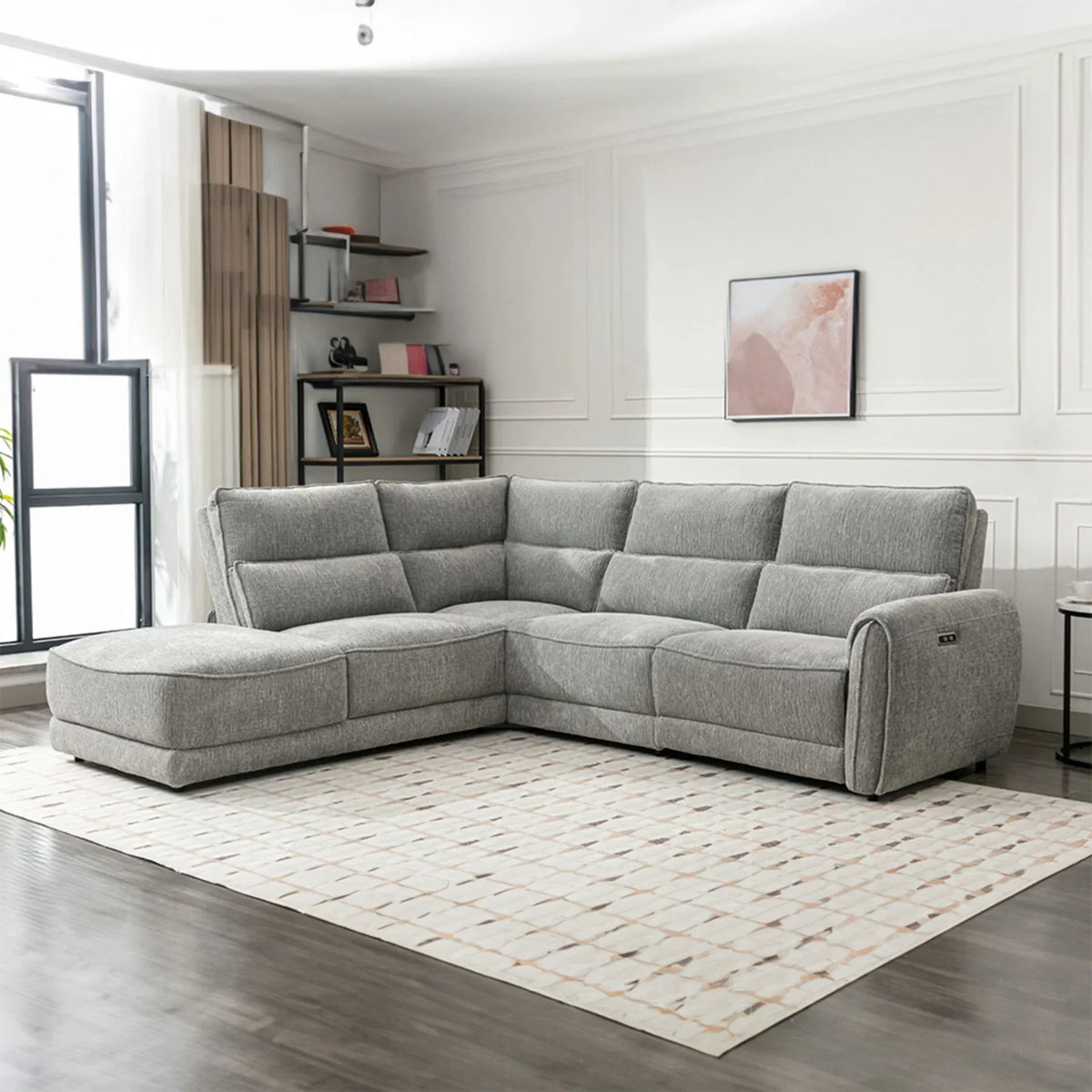 Light grey fabric sectional sofa with left-hand chaise in modern living room
