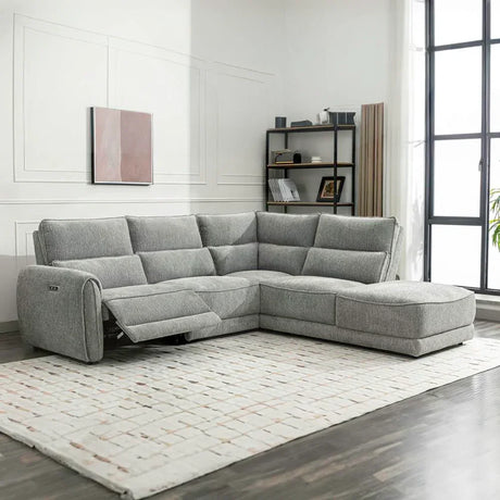 Light grey fabric corner sectional sofa with chaise and recliner in modern living room