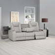 Pearl fabric reclining sofa with fold-down tray and cup holders in modern living room