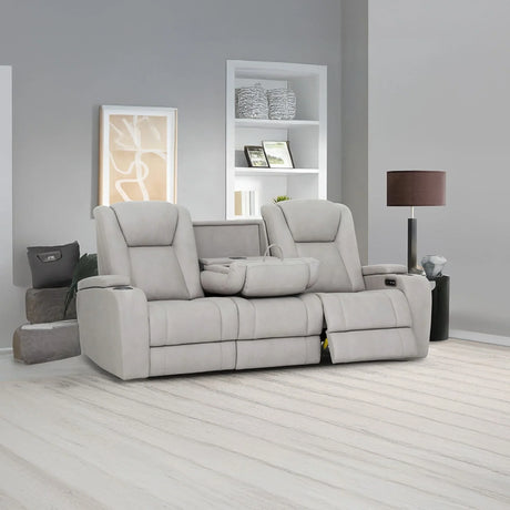 Pearl fabric reclining sofa with fold-down tray and cup holders in modern living room