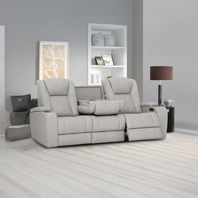 Pearl fabric reclining sofa with fold-down tray and cup holders in modern living room