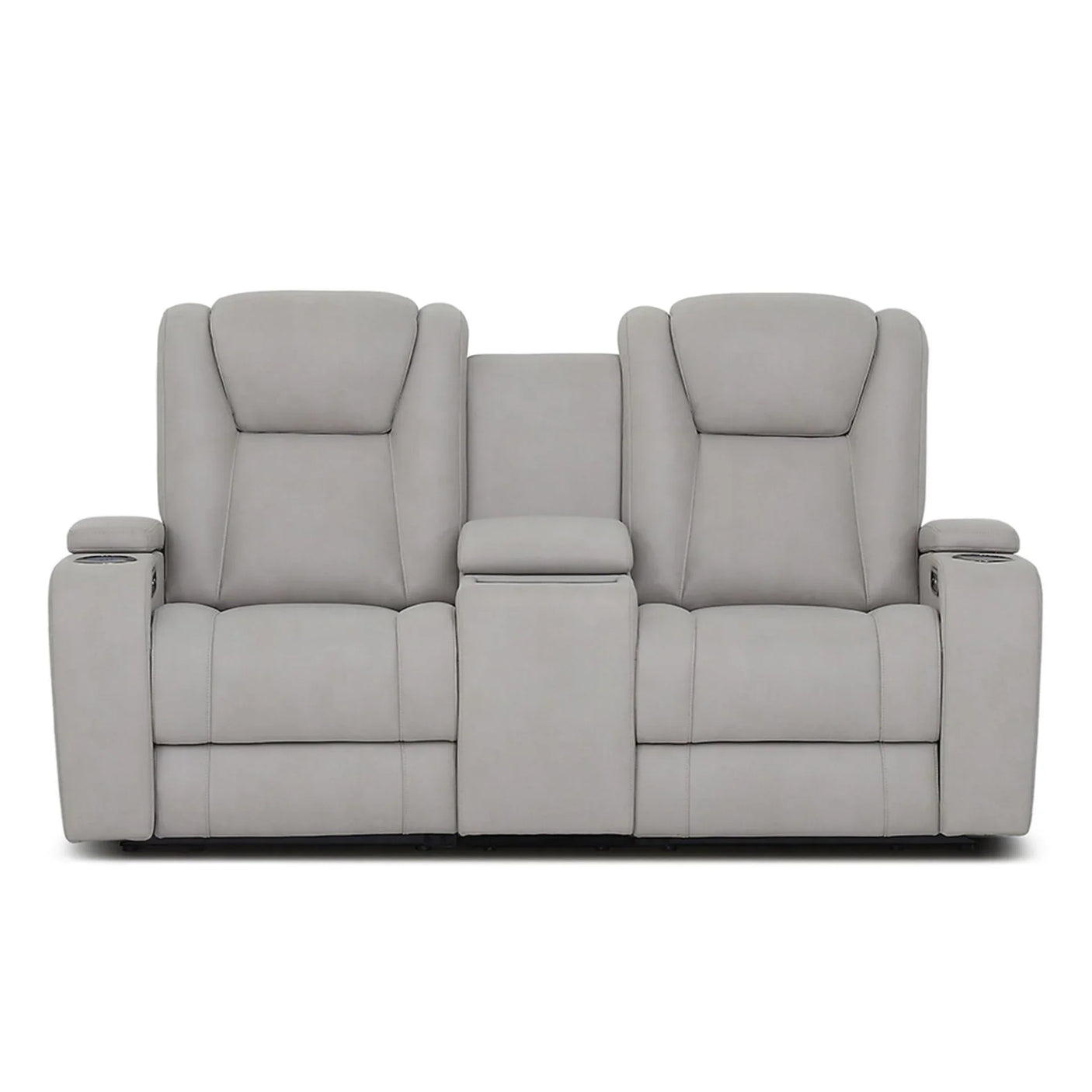 Light grey reclining sofa with cup holders and central storage armrest