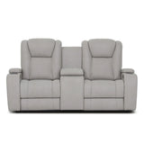 Light grey reclining sofa with cup holders and central storage armrest