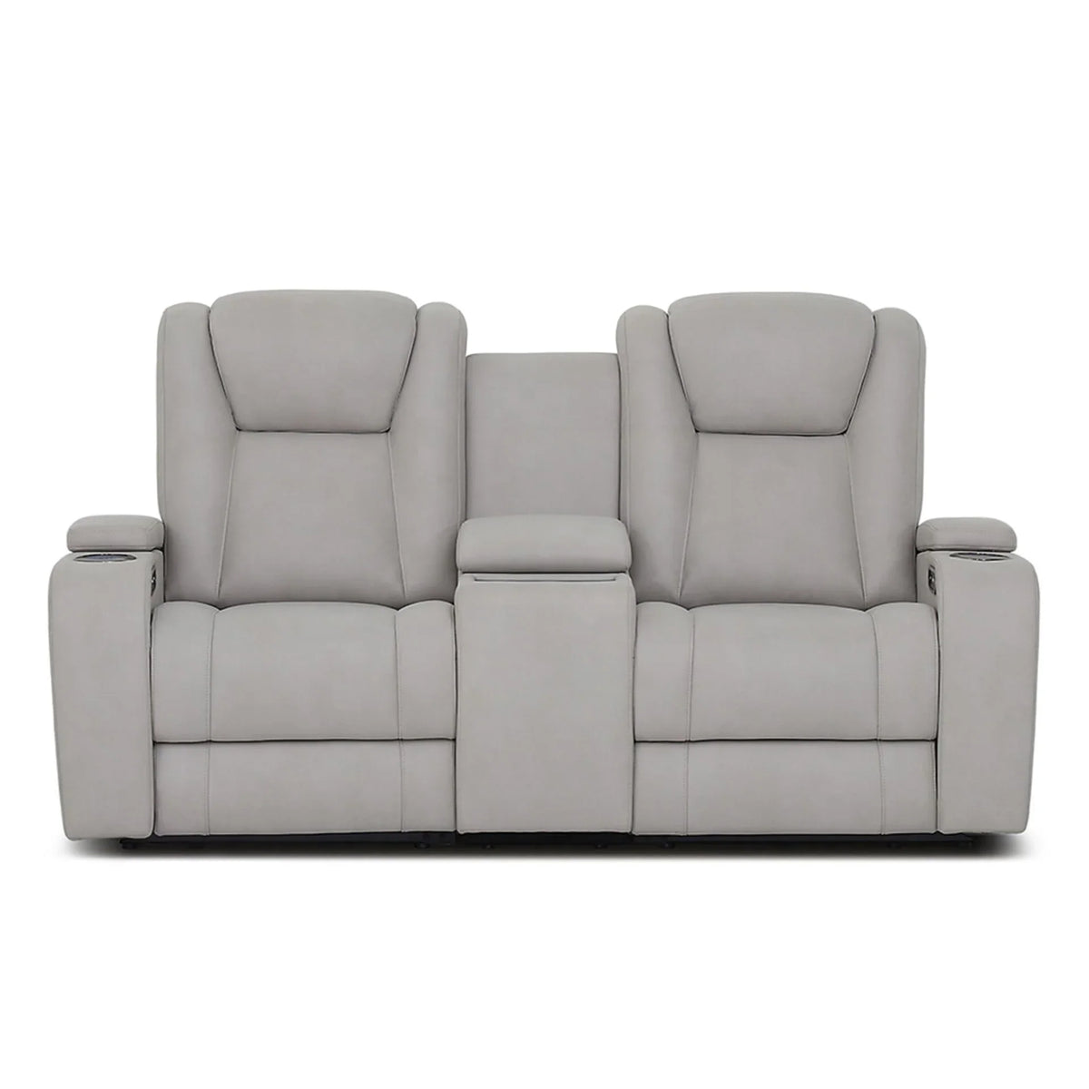 Light grey reclining sofa with cup holders and central storage armrest