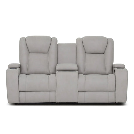 Light grey reclining sofa with cup holders and central storage armrest