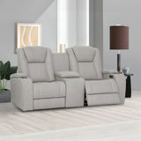 Grey recliner sofa with storage armrest and cup holder in modern living room setting