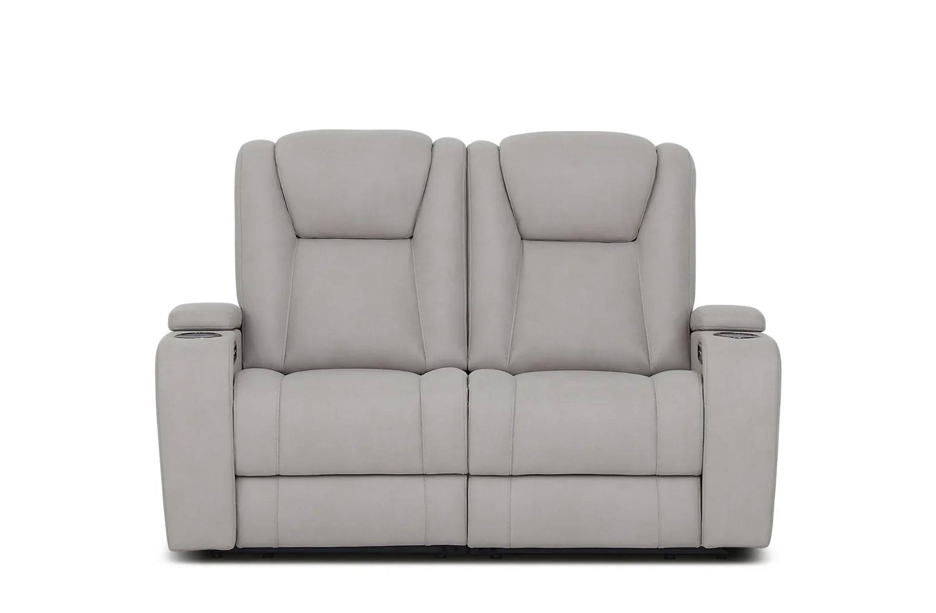 Light grey two seater sofa with padded arms and cup holders on white background
