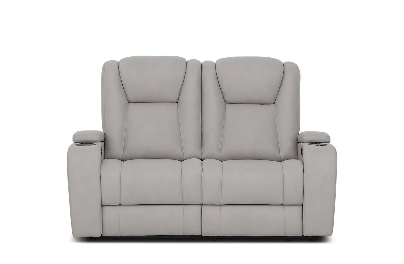 Light grey two seater sofa with padded arms and cup holders on white background