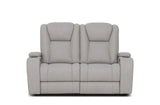 Light grey two seater sofa with padded arms and cup holders on white background