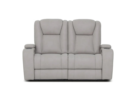 Light grey two seater sofa with padded arms and cup holders on white background