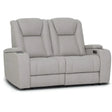 Light grey fabric recliner sofa with cup holders and plush armrests, front view