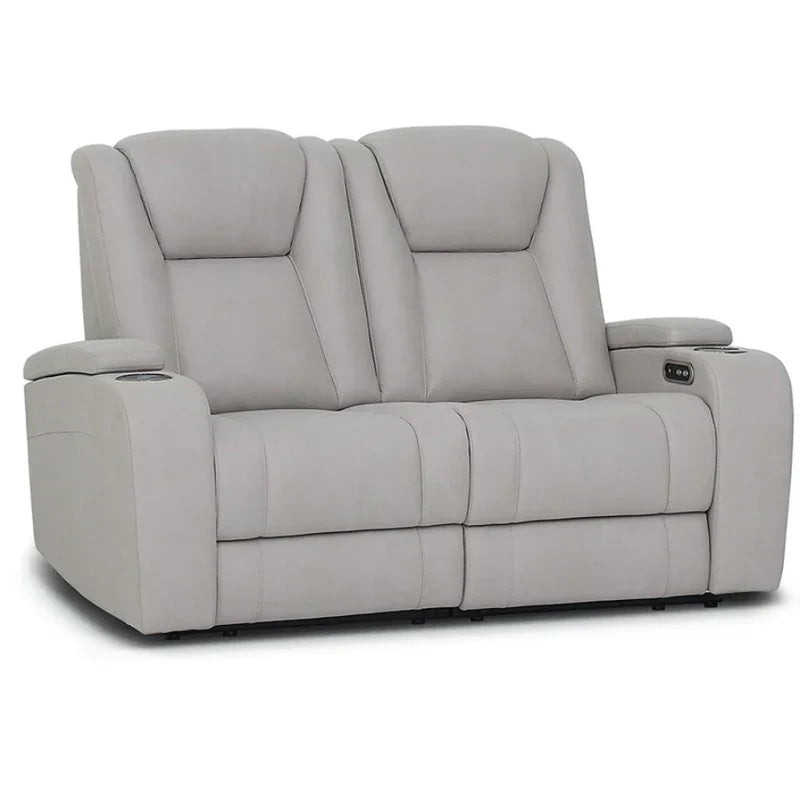 Light grey fabric recliner sofa with cup holders and plush armrests, front view