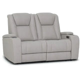 Light grey fabric recliner sofa with cup holders and plush armrests, front view
